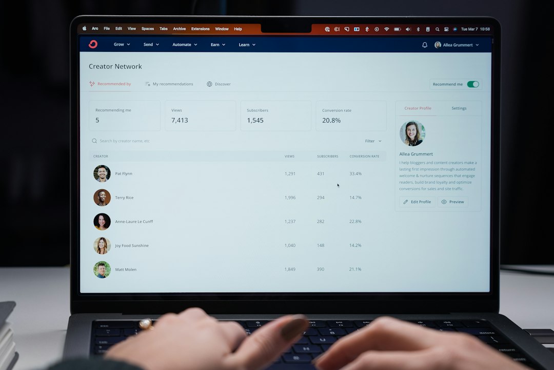 Laptop screen showing a Creator Network dashboard with metrics and a right-side creator profile panel.
