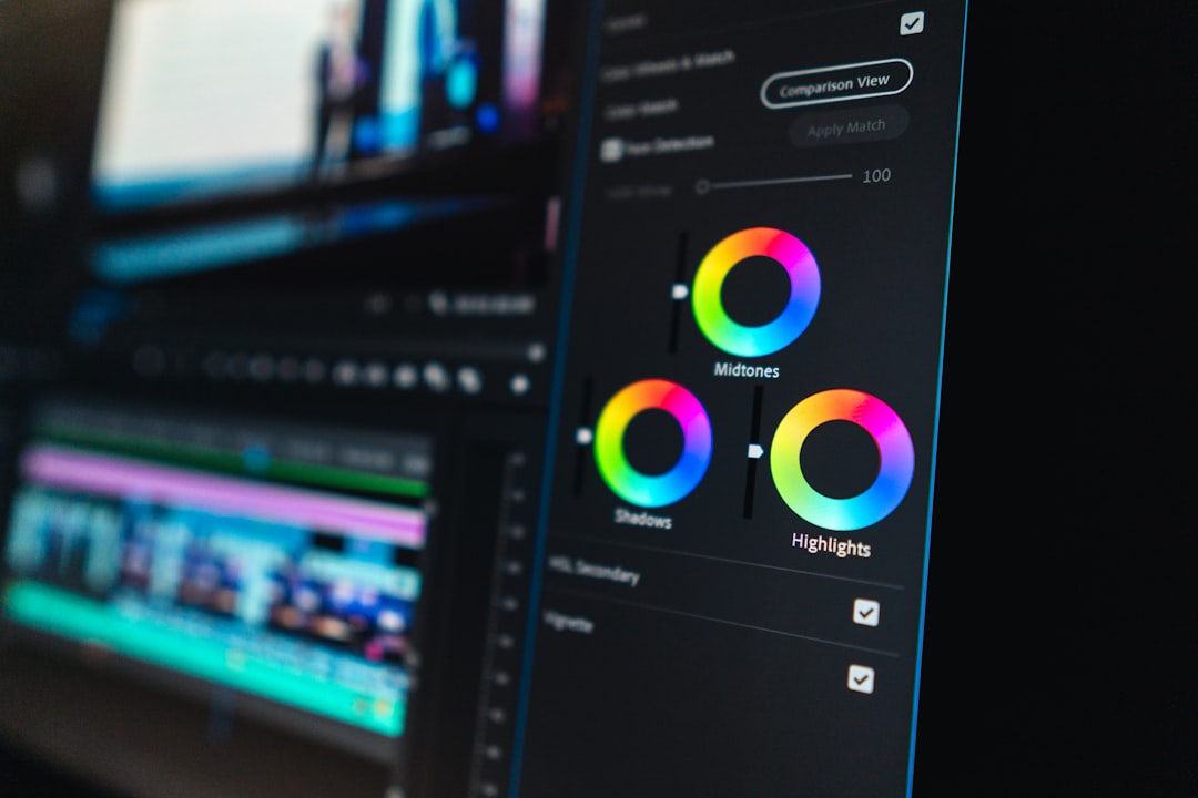 Close-up of editing software UI showing three color wheels labeled Midtones, Shadows, and Highlights for color grading.