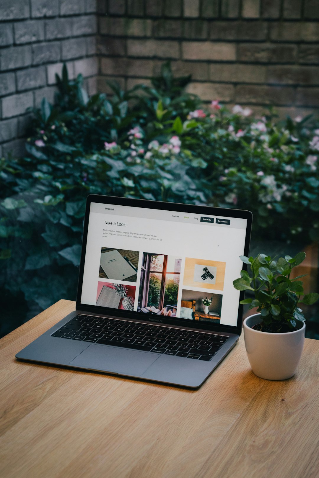 Open laptop on a wooden table outdoors with a garden backdrop; screen shows a 'Take a Look' photo gallery page.