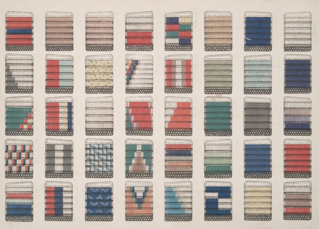 Grid of numerous small rectangular fabric color samples arranged in rows and columns on a light background.