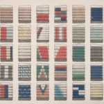 Grid of numerous small rectangular fabric color samples arranged in rows and columns on a light background.
