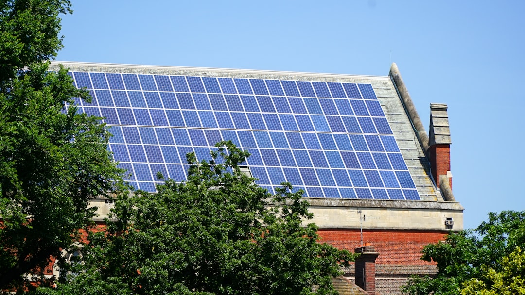 Blue solar panels cover a slanted rooftop, with green trees in the foreground and a clear sky above.