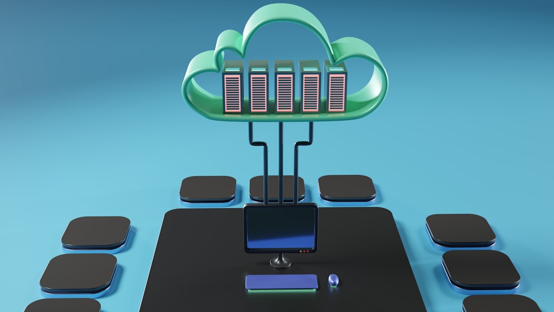 Cloud computing illustration with server racks inside a cloud, linked to a desktop workspace on a table with surrounding seats.