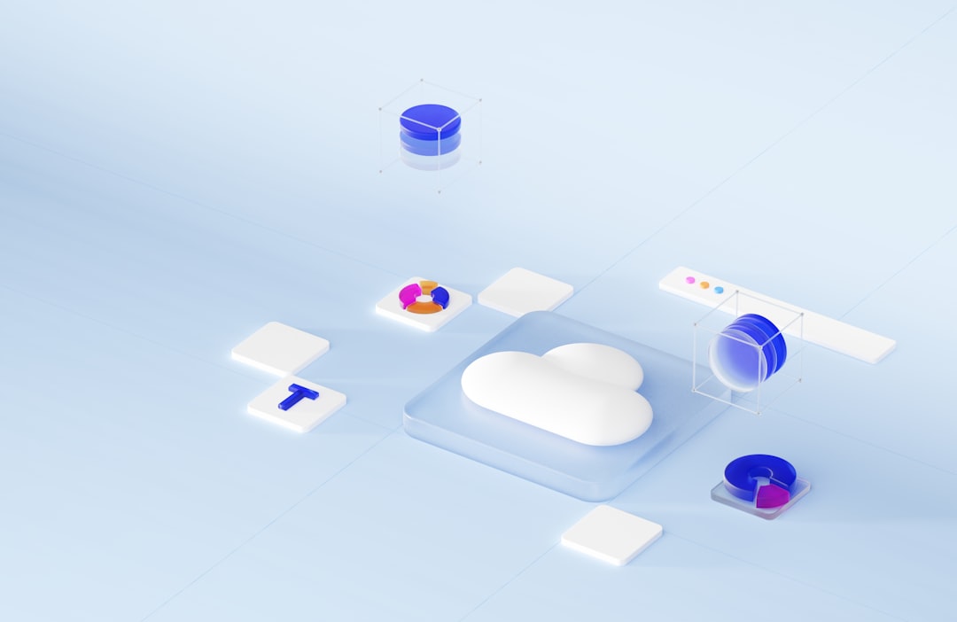 3D illustration of a cloud icon on a tablet with surrounding data icons (database cylinders, charts, and blocks) symbolizing cloud storage and analytics.