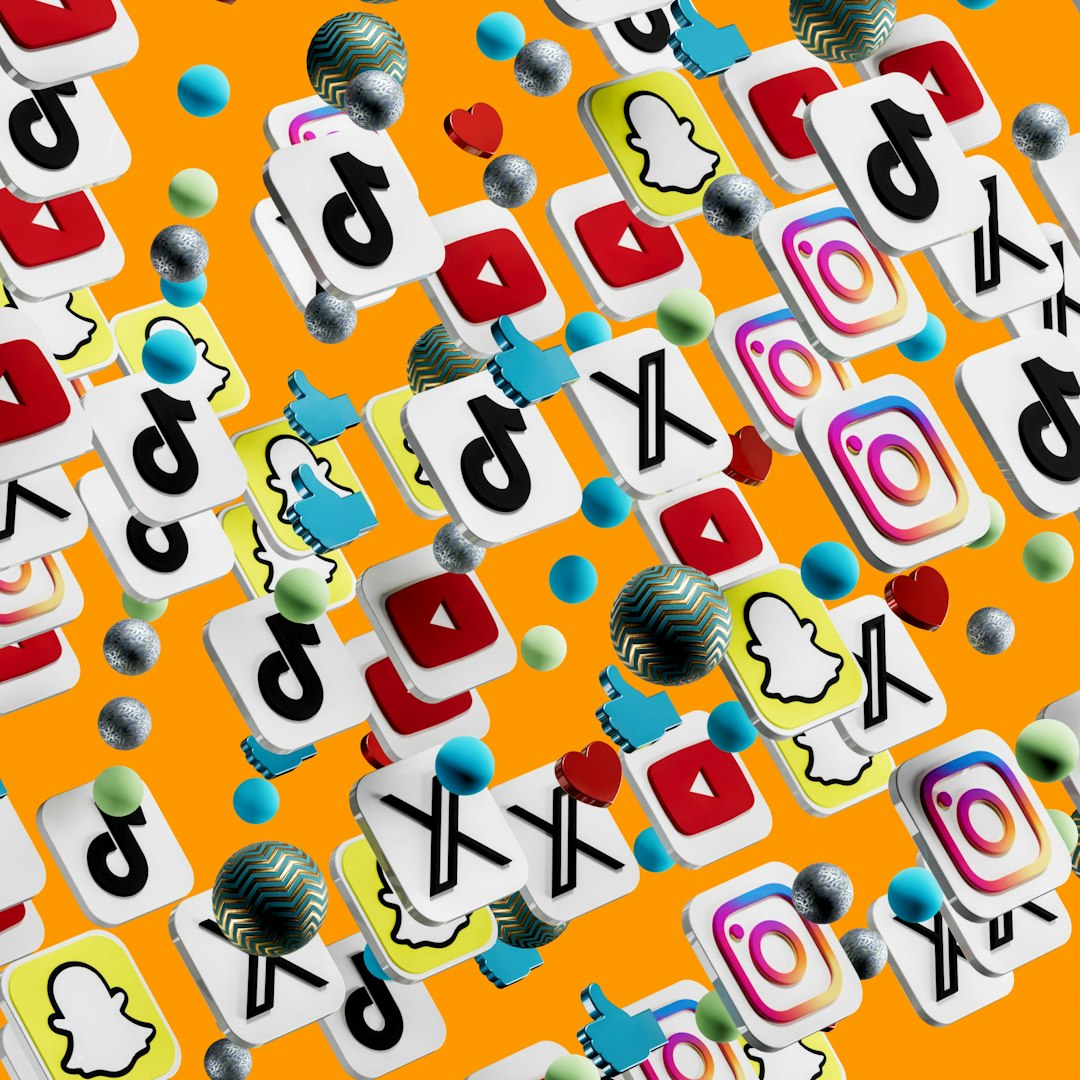 Colorful collage of social media icons (TikTok, YouTube, Instagram, Snapchat) floating on an orange background with blue thumbs-up symbols and decorative spheres.