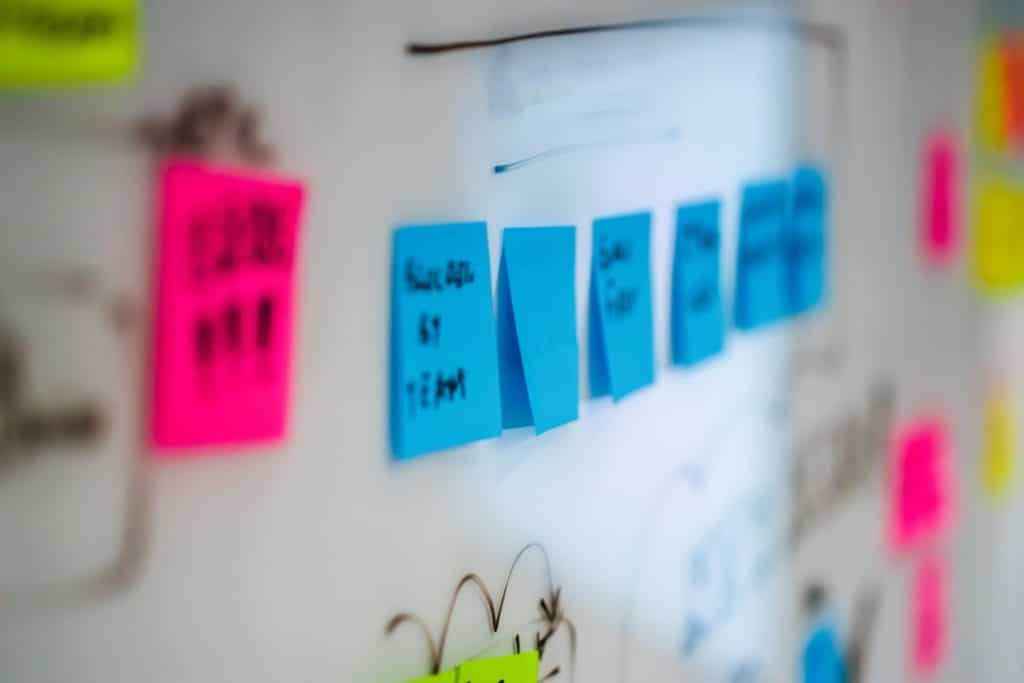 A wall with sticky notes attached to it invoice flowchart scheduling automation process - AI Bud