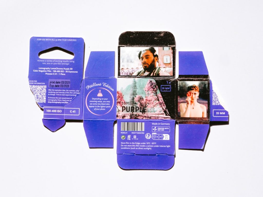 Unfolded purple box with images of people branded qr code packaging retail product box smartphone scanning code - AI Bud