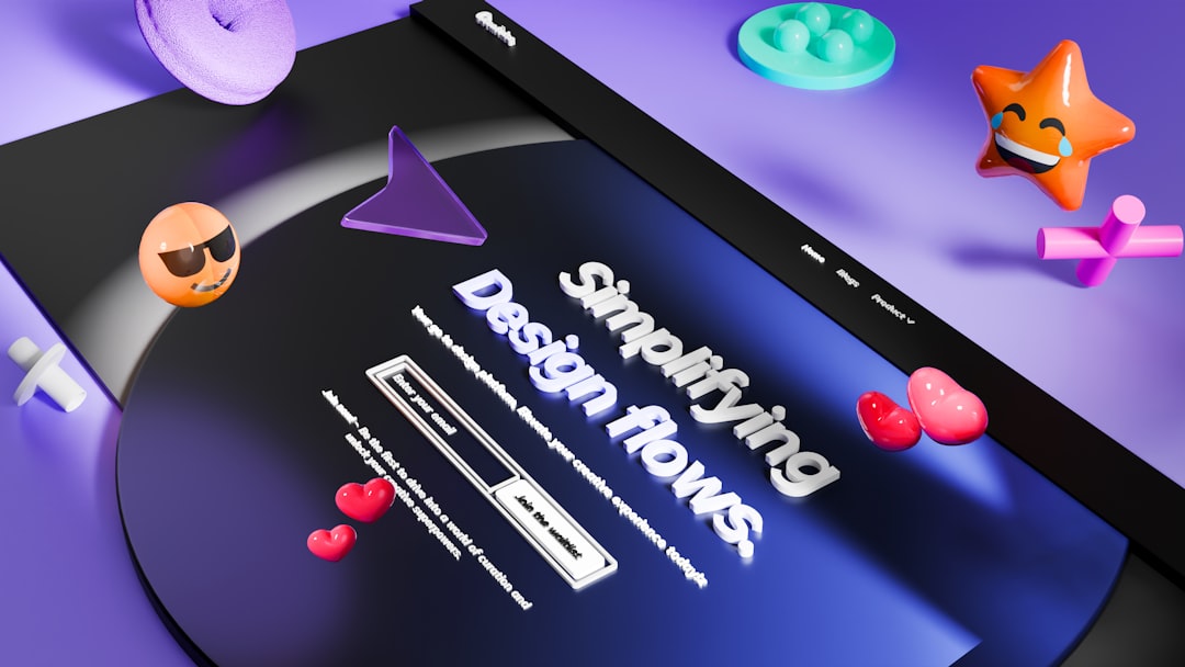3D-rendered hero showing the title 'Smartwriting Design Flows' with glossy white text on a curved dark screen and purple accents, surrounded by colorful shapes and emojis.