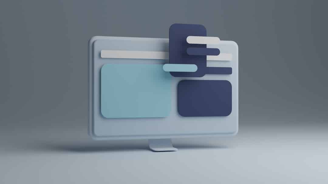 Abstract 3D illustration of a computer monitor with overlapping blue and teal UI cards.