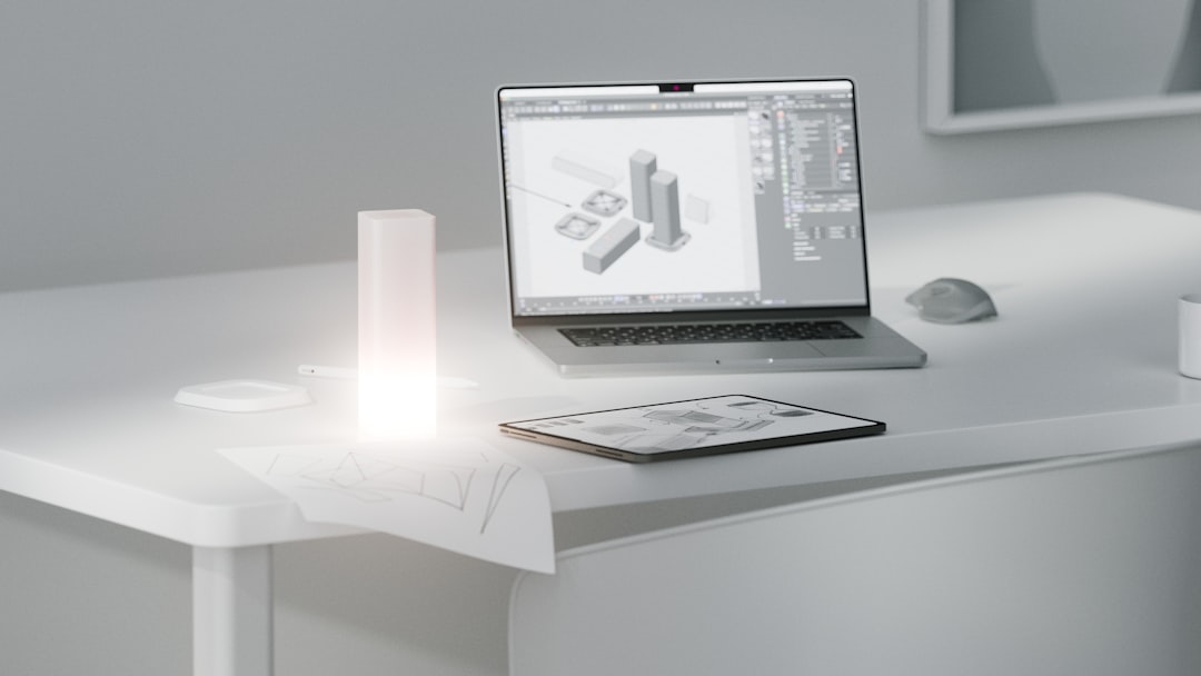 A laptop computer sitting on top of a white desk happy user exploring virtual space interactive website futuristic design - AI Bud