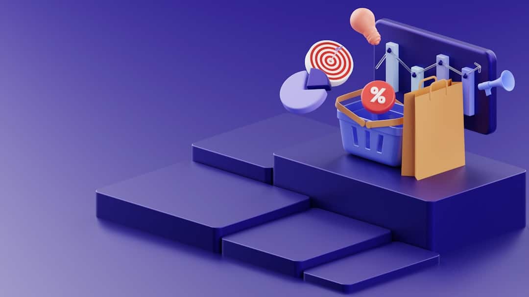 3D purple staircase leading to an e-commerce scene with a shopping basket, discount symbol, and shopping bag, suggesting online shopping deals.