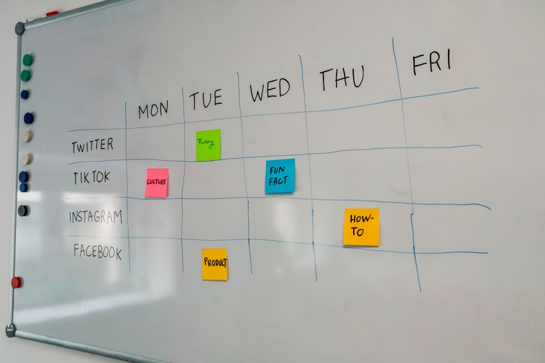 Whiteboard weekly content schedule with Mon–Fri columns and rows for Twitter, TikTok, Instagram, Facebook; colorful sticky notes mark topics across days.