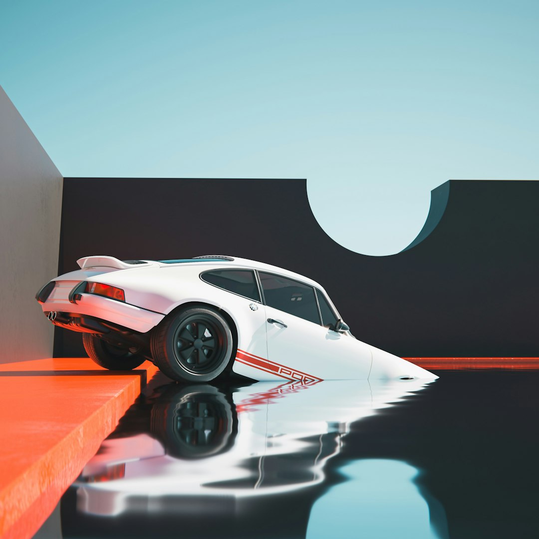 a white sports car sitting on top of a reflective surface sky racing futuristic car high speed game - AI Bud
