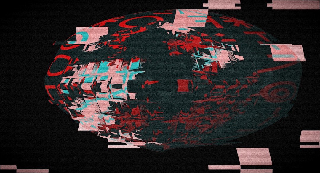 Glitchy, fragmented globe or sphere with red and cyan blocks on a dark background.