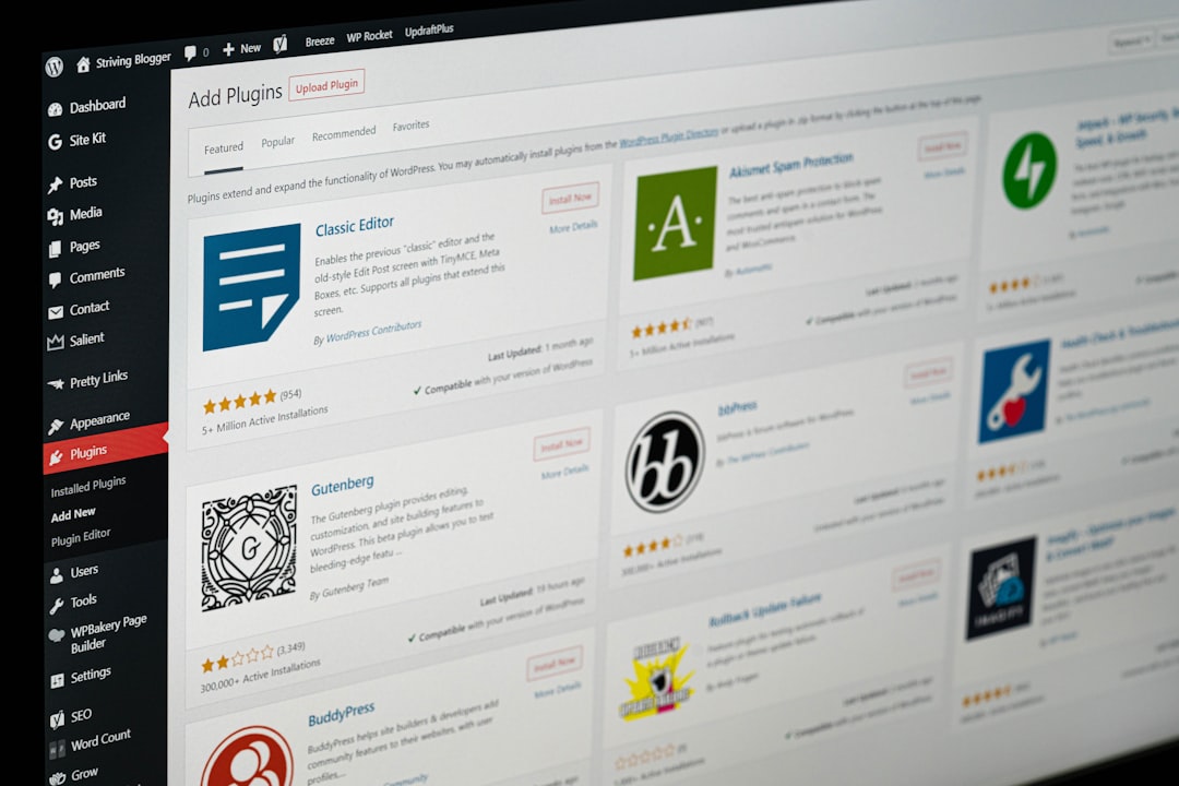 WordPress admin Add Plugins page with a grid of plugin cards and a left navigation menu.