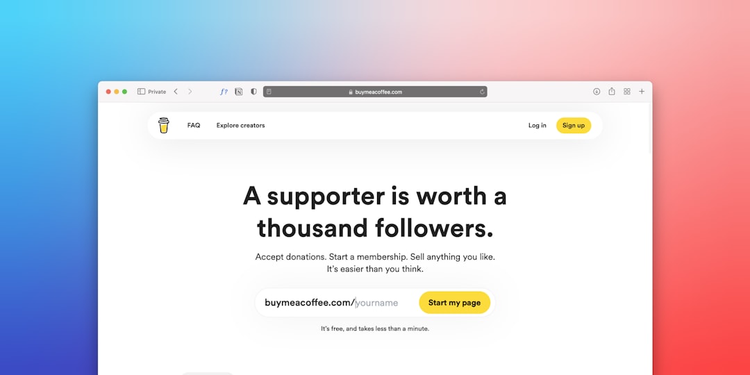 Hero section of buymeacoffee.com: 'A supporter is worth a thousand followers.' with a yellow 'Start my page' button on a white page.