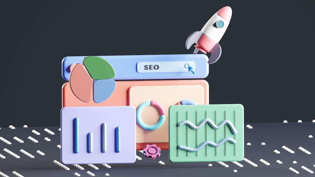 3D colorful SEO dashboard with chart panels and a rocket launching to symbolize growth.