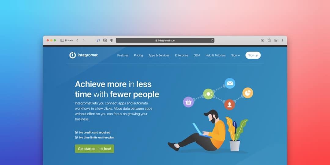 Hero section of Integromat site showing a person with a laptop and floating icons on a blue gradient background.