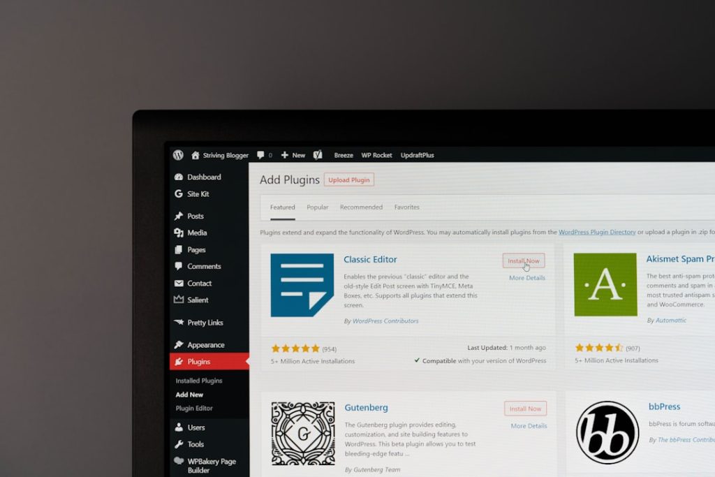 Desktop monitor displaying WordPress admin Plugins page with plugin cards and Install buttons.