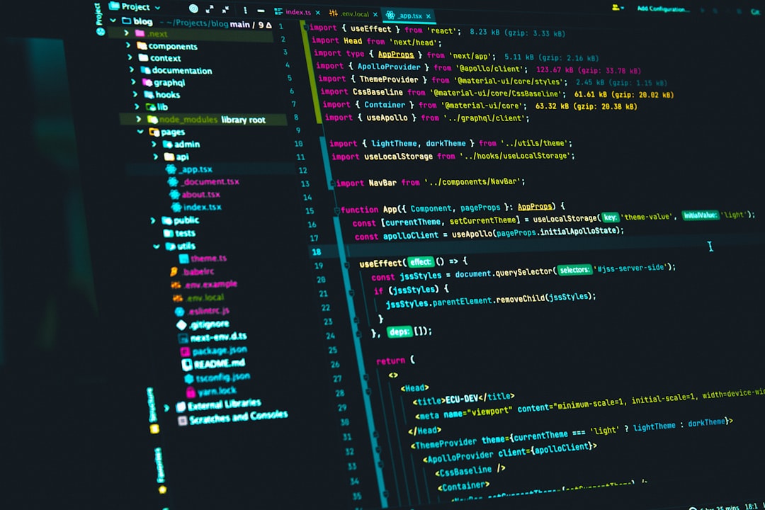 Code editor showing a project directory on the left and React/TypeScript code on the right in a dark theme with colorful syntax highlighting.