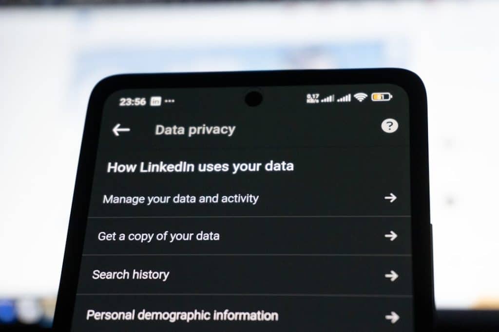 Linkedin data privacy settings on a smartphone screen ethical ai transparency data privacy hr - AI Bud