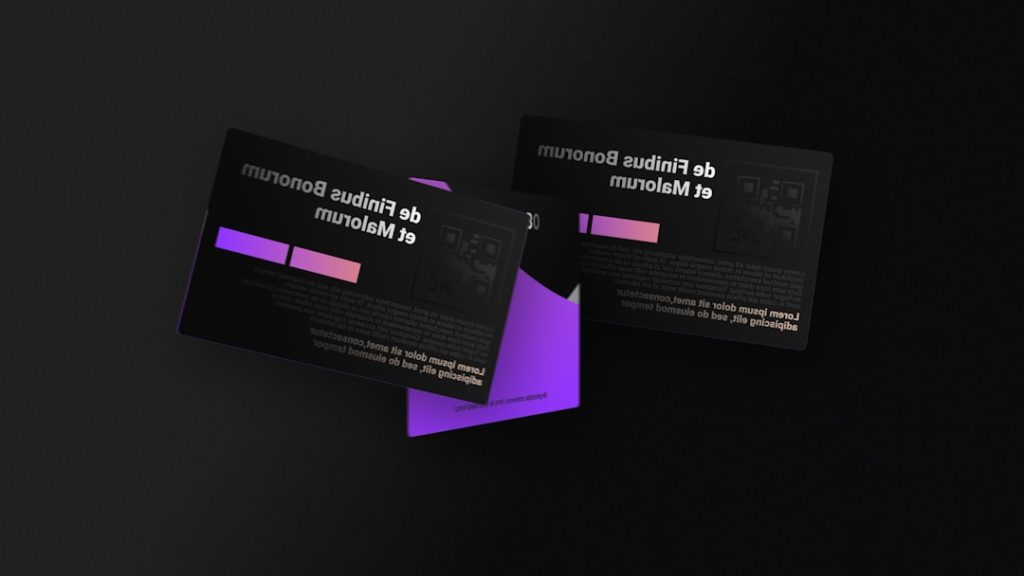 Three overlapping dark marketing cards with purple accents on a black background.