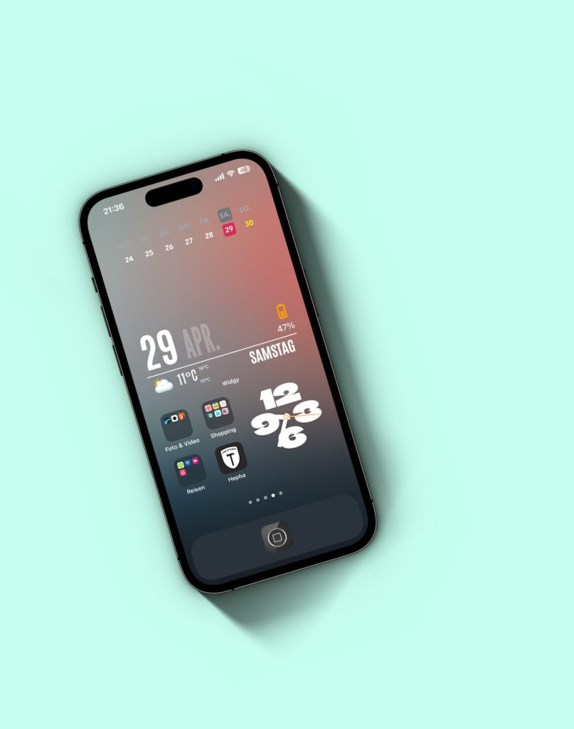 Tilted smartphone showing a modern home screen with date 29 APR, weather, and app icons on a gradient wallpaper backdrop.