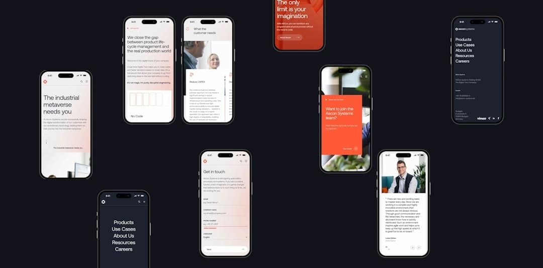 Collage of smartphone screens on a dark background showing a company's app/website with sections like Products, Use Cases, About Us, Resources, Careers, and Get in touch.