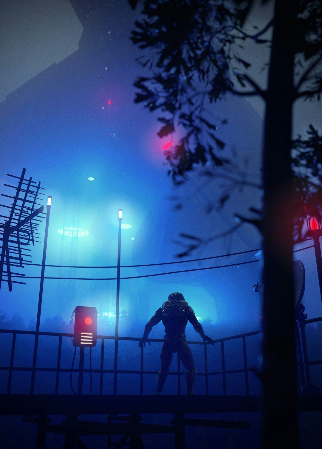 Armored figure standing on a railing-lined platform in a foggy, blue neon sci-fi scene, facing away.