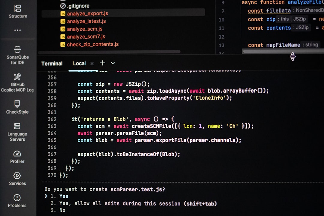 Dark code editor with left navigation icons, showing JavaScript/TypeScript code and a bottom Terminal panel.