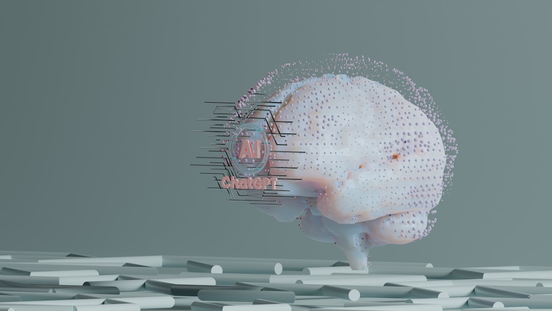 Illustration of a brain with digital glitch lines and an AI emblem, symbolizing AI-powered thinking.