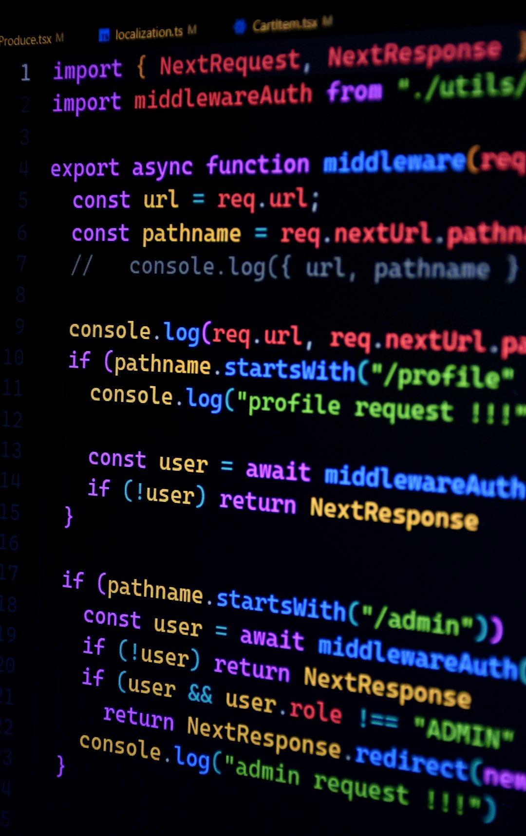 Code editor screenshot with colorful JavaScript/TypeScript-like code including imports and middleware function.