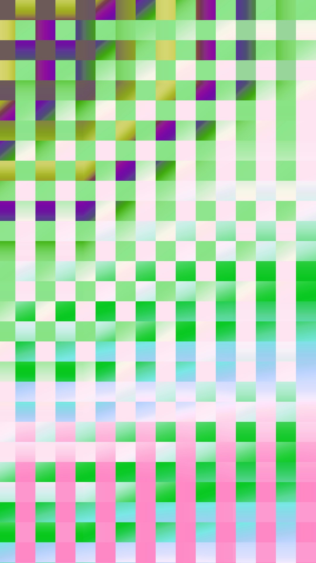 Abstract mosaic of multicolored squares with greens, pinks, and blues, featuring soft gradients and a checkerboard-like pattern.