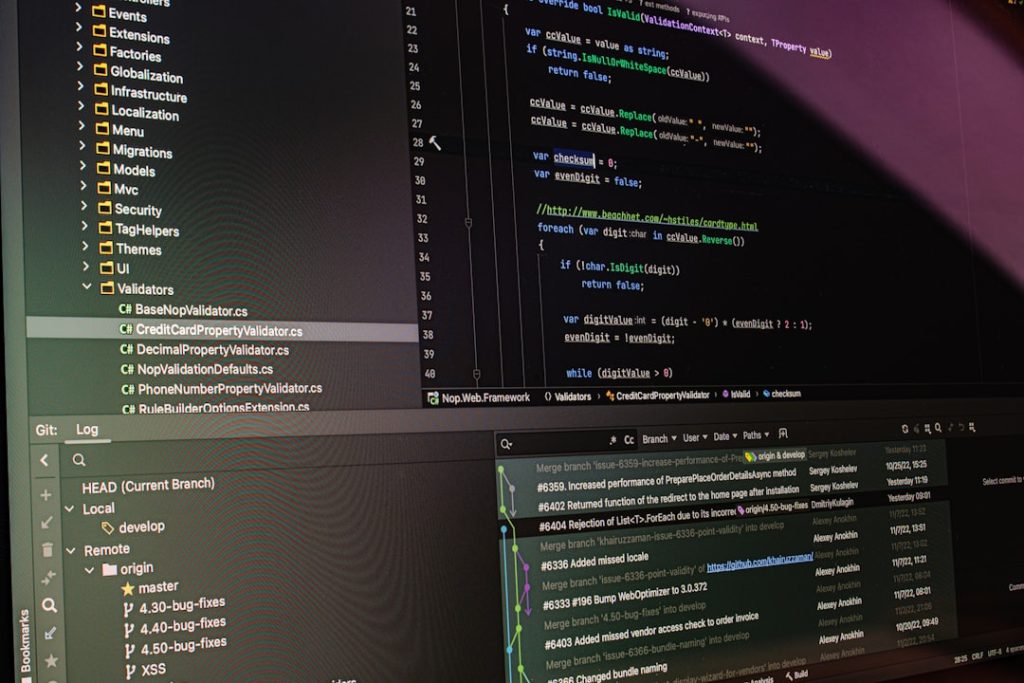 Computer screen displaying lines of code developer team code collaboration open source chat - AI Bud