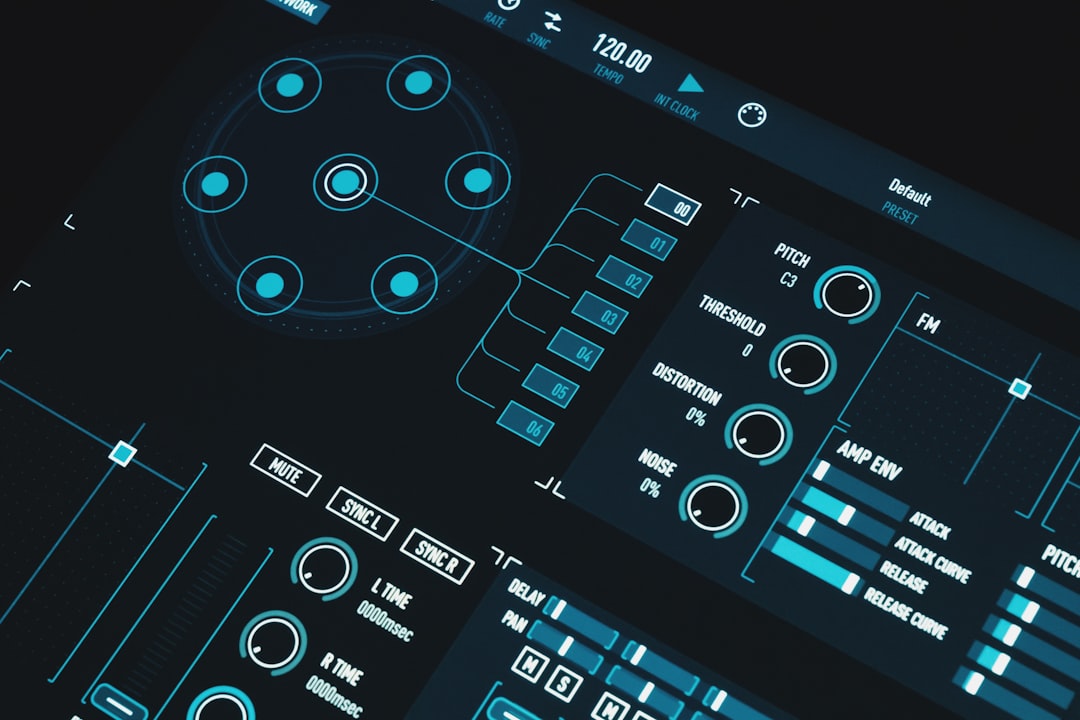 Close-up of a dark blue digital synthesizer interface with glowing cyan knobs, circular patch panel, and multiple sliders and controls.