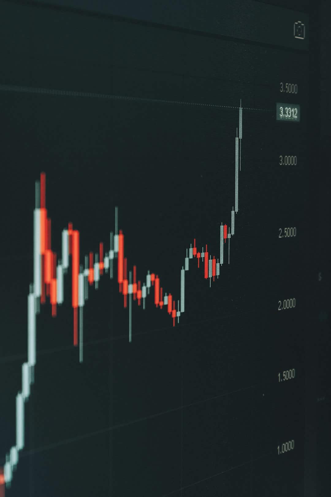 Candlestick stock chart on a dark screen showing an upward price spike with white and red bars.