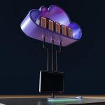 3D illustration of a purple cloud containing server racks connected by cables to a desktop monitor, symbolizing cloud computing.