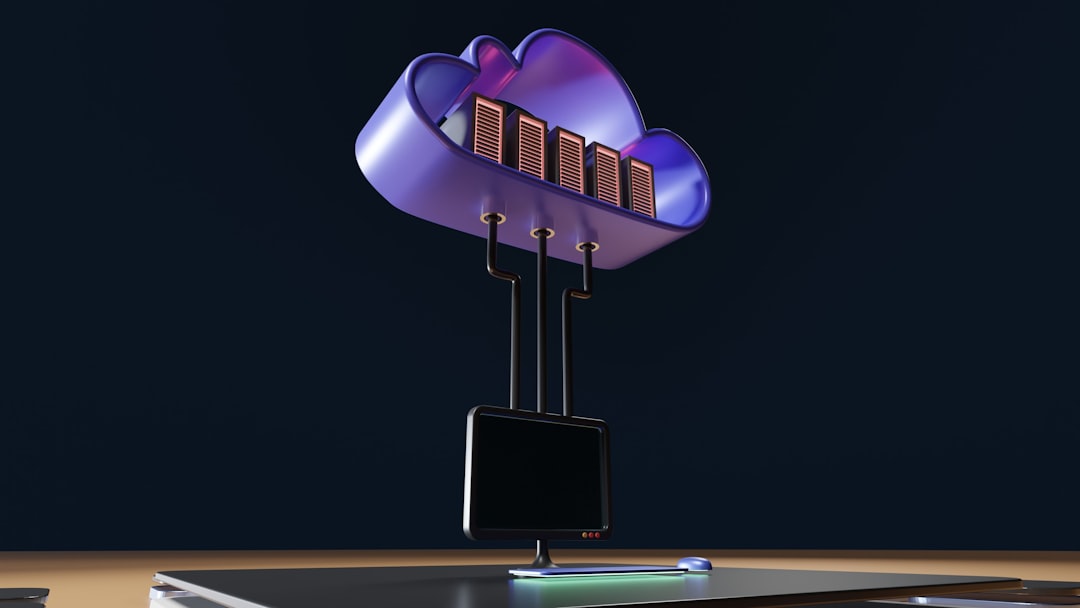 3D illustration of a purple cloud containing server racks connected by cables to a desktop monitor, symbolizing cloud computing.