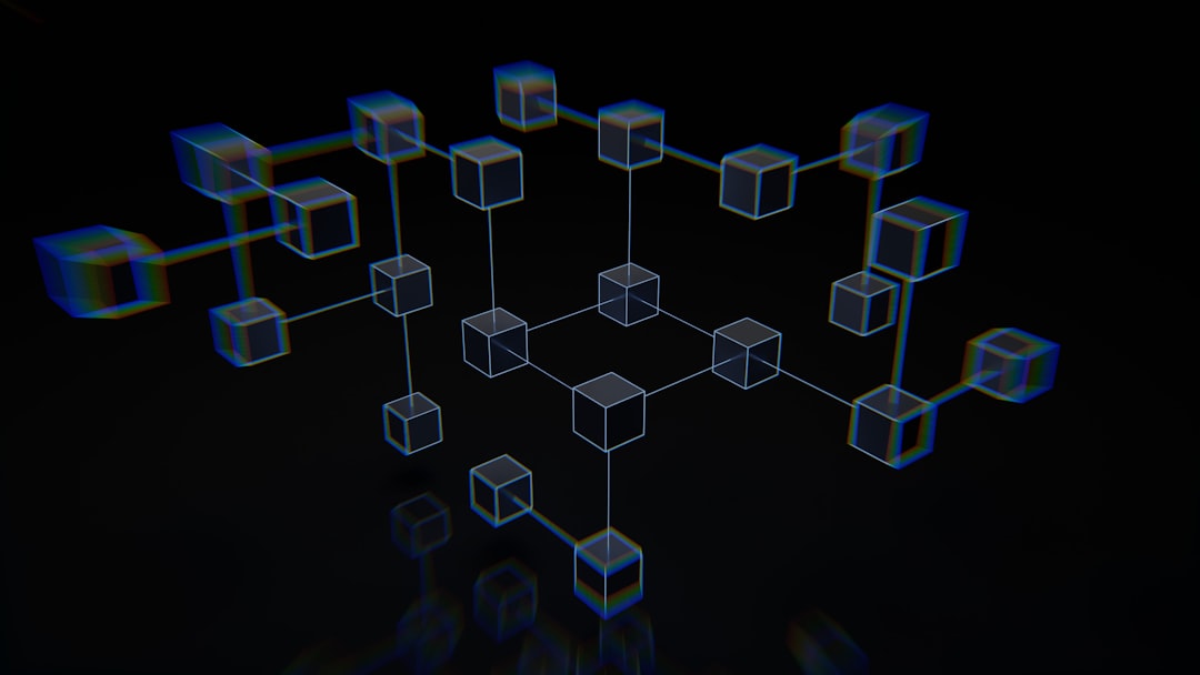 3D wireframe network of transparent cubes connected by lines in a dark space, representing a blockchain-like visualization