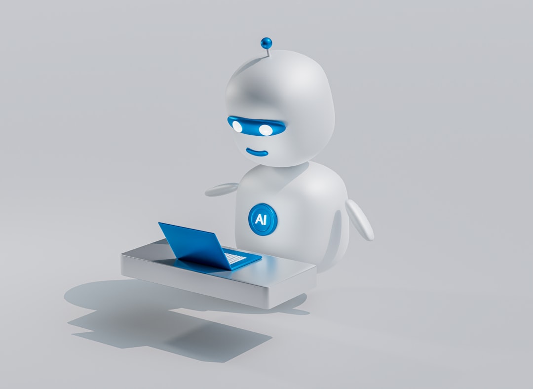 Friendly white robot with blue AI badge typing on a blue laptop on a white platform, signaling AI assistance.