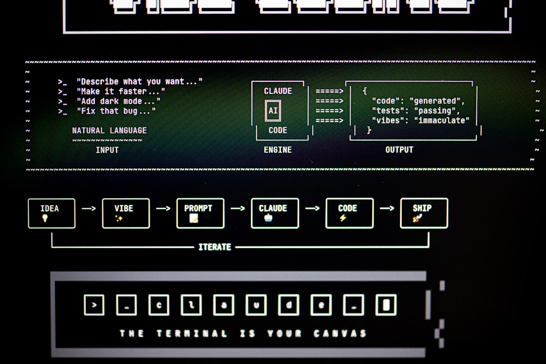 Retro terminal diagram: natural language input to AI engine to generated code output and ship flow.