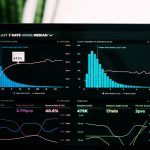 Dashboard analytics on a computer screen showing bar and line charts with bounce rate and session metrics in a dark theme.