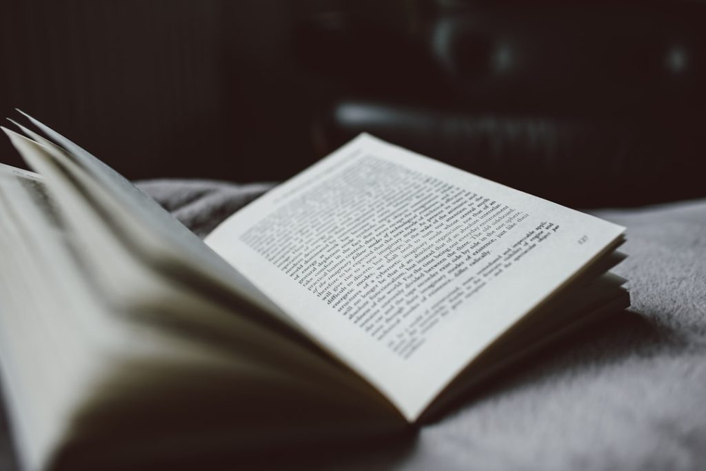 Open paperback book resting on a soft blanket, pages fanned as it lies on a bed.