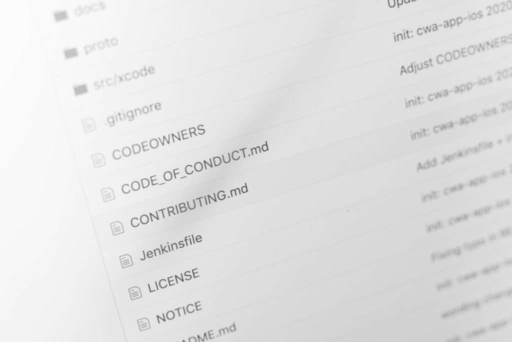 Directory view of a project root listing files like CODEOWNERS, CODE_OF_CONDUCT.md, CONTRIBUTING.md, Jenkinsfile, LICENSE, and NOTICE.