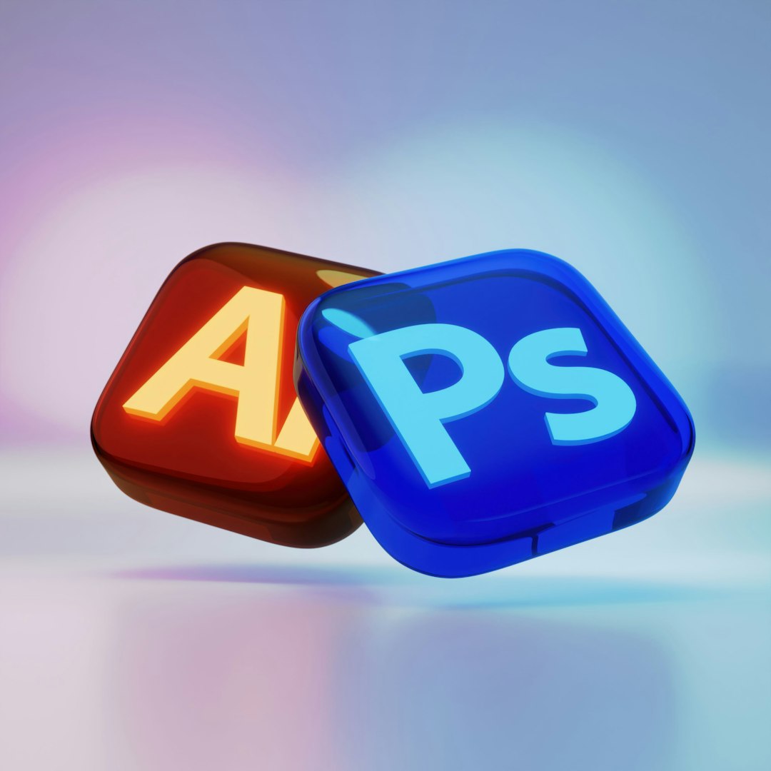 Two glossy, overlapping app-icon tiles: red with the letter A and blue with PS, forming the word APPS.