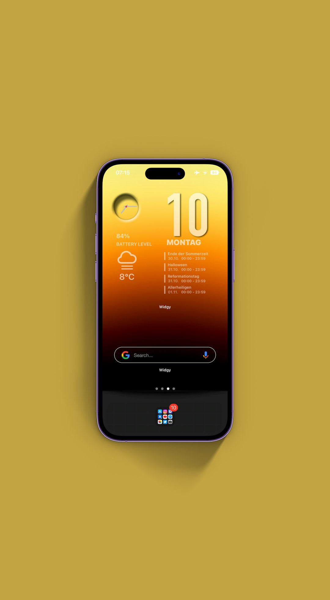 Smartphone showing a widget-rich home screen with a large date, weather, and a Google search bar against a mustard background.