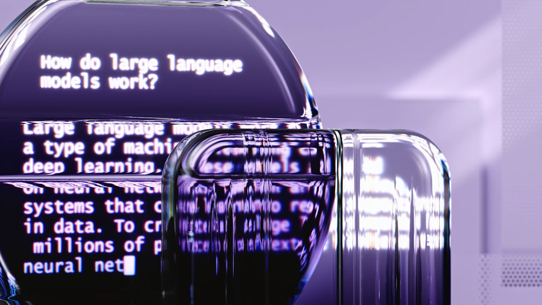 Close-up of a glass sculpture reflecting glowing white text that asks, 'How do large language models work?'. With a purple background, it feels techy and futuristic.