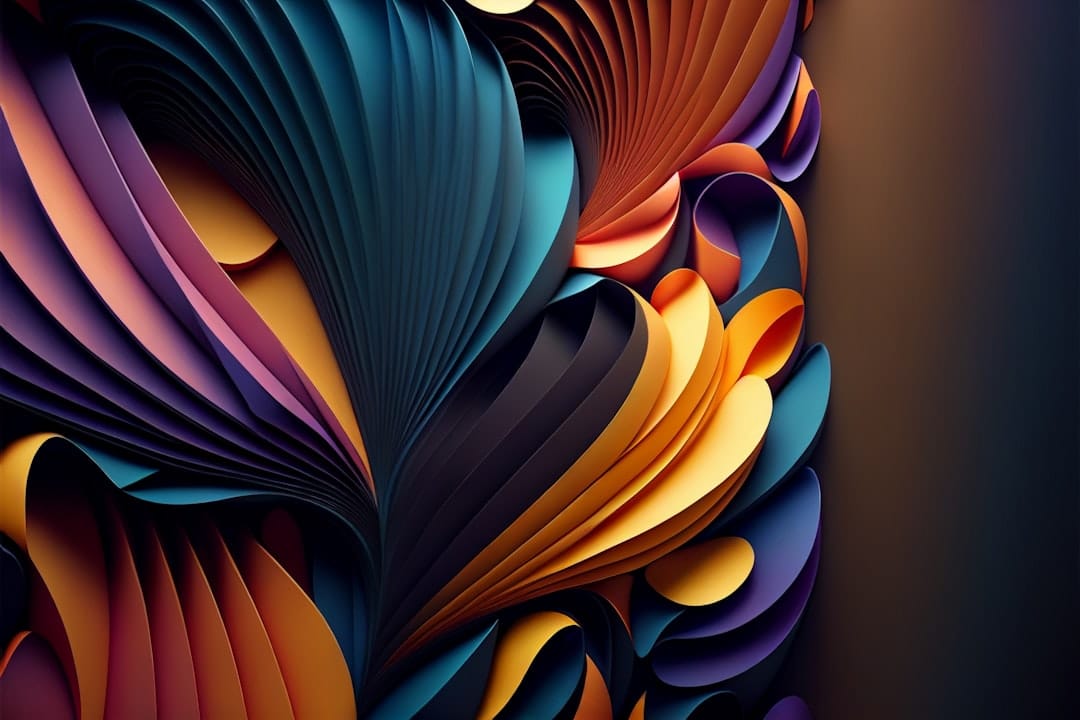 Abstract swirl of colorful curled ribbons in blue, orange, and purple hues forming a dynamic flow.