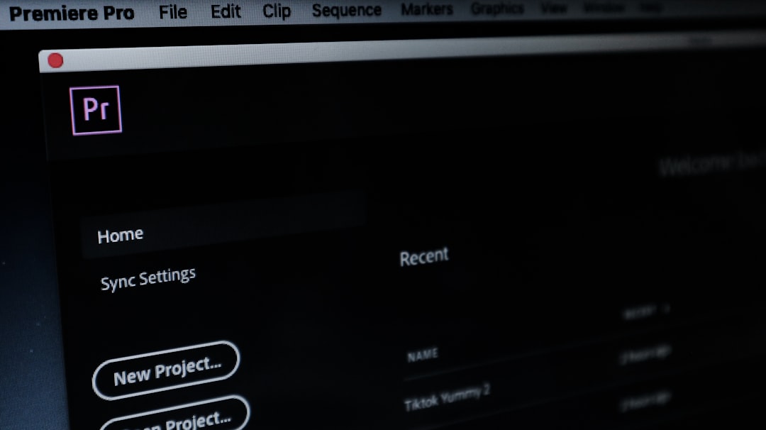 Screenshot of Adobe Premiere Pro UI showing the left navigation with Home and Sync Settings, and a purple Pr logo in the top-left corner.