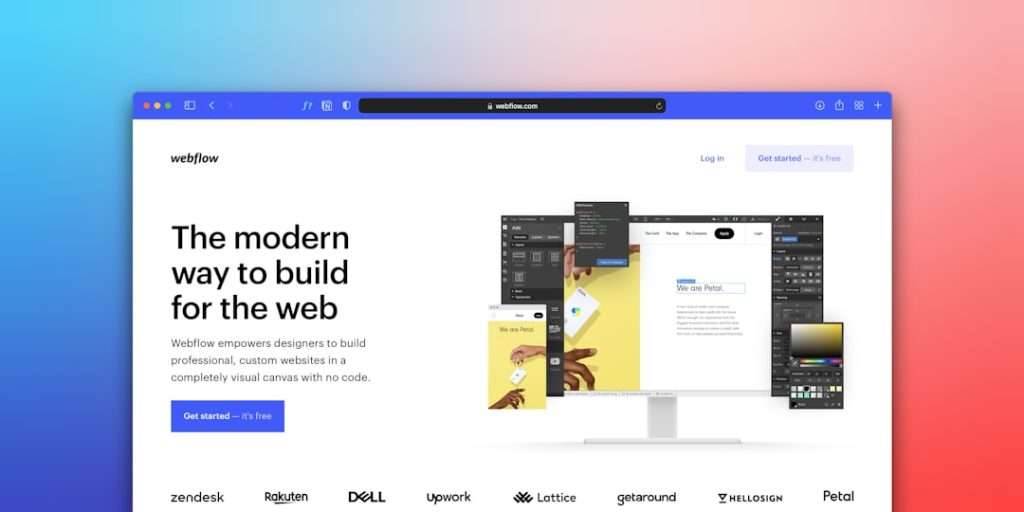Webflow homepage hero: bold left-aligned headline with a collage of design screens around a monitor on the right, against a blue-to-pink gradient.